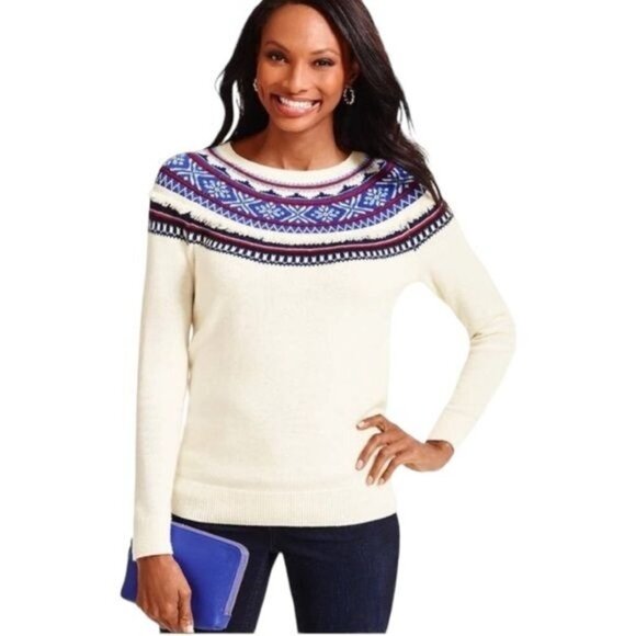 Talbots Fair Isle Fringe Detail Soft Lambswool Blend Pullover Winter Sweater MP - Picture 1 of 7